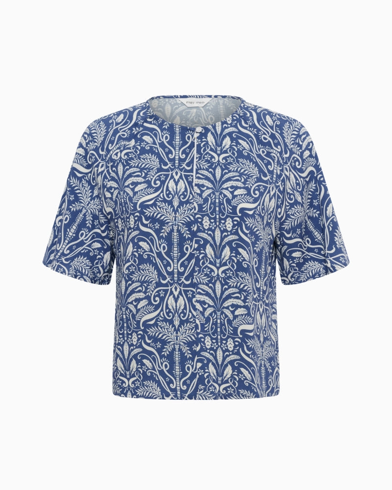 Part Two BertelinePW Blouse in blue and white full front view