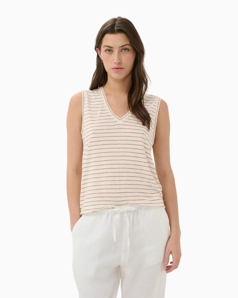 Part Two BrianiePW Top in beige stripe front view