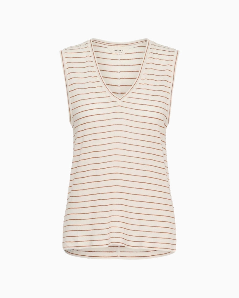 Part Two Brianie Top in beige stripe front view