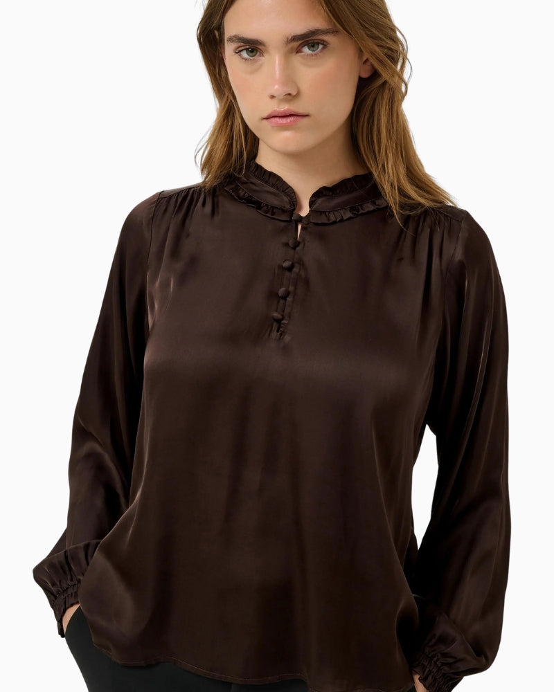 Part Two CaterinaPW Blouse in Brown ruffled collar detail