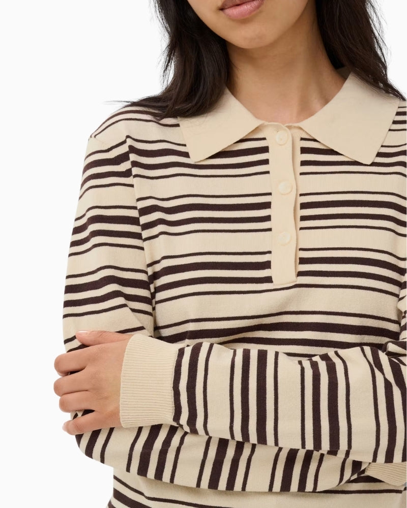 Part Two Channan PW Pullover in cream and brown polo collar detail