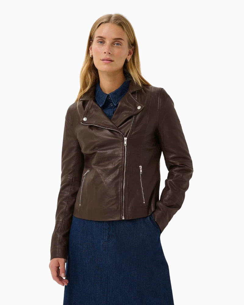 Part Two Frances Leather Jacket in Brown lapel detail