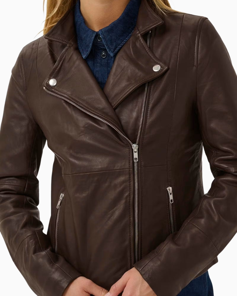 Part Two Frances Leather Jacket in Brown zip detail