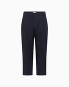 Front view of navy ankle-length trousers on model, regular waist