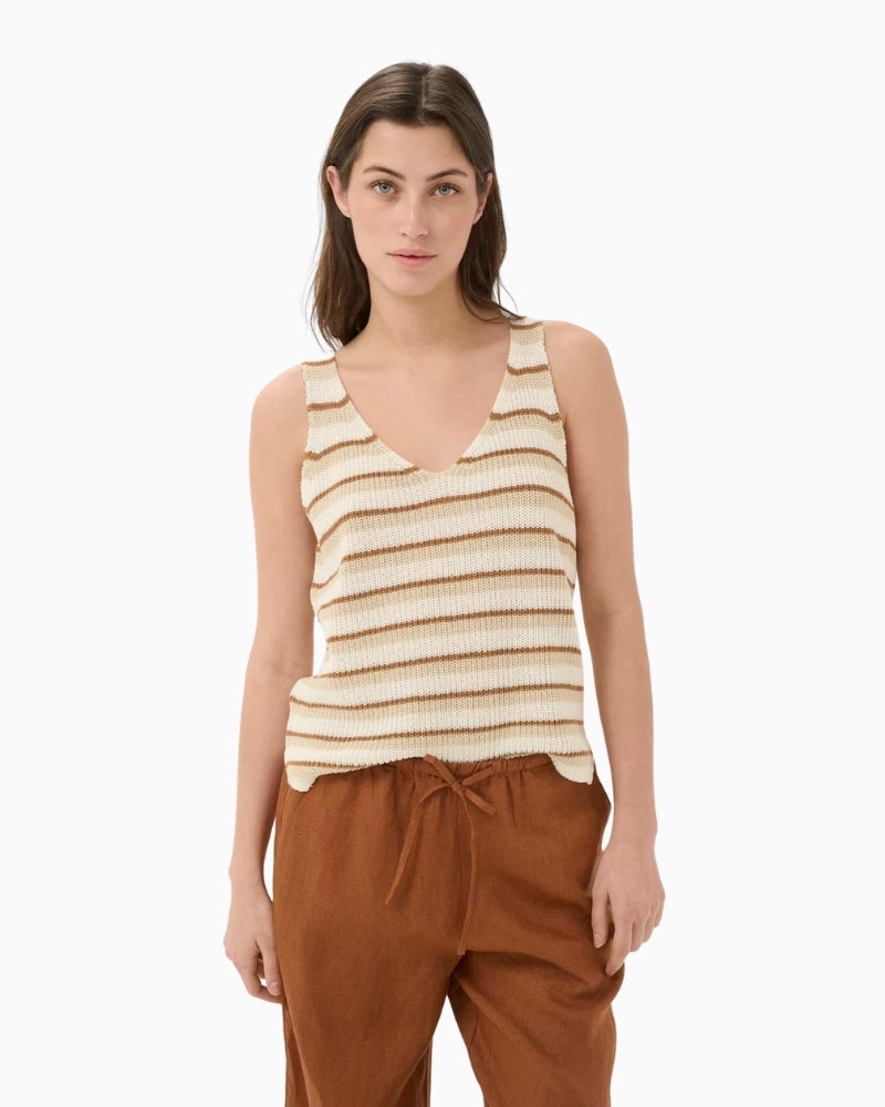 Part Two RebeccaPW Knit Tank Top in beige and tan stripe front view