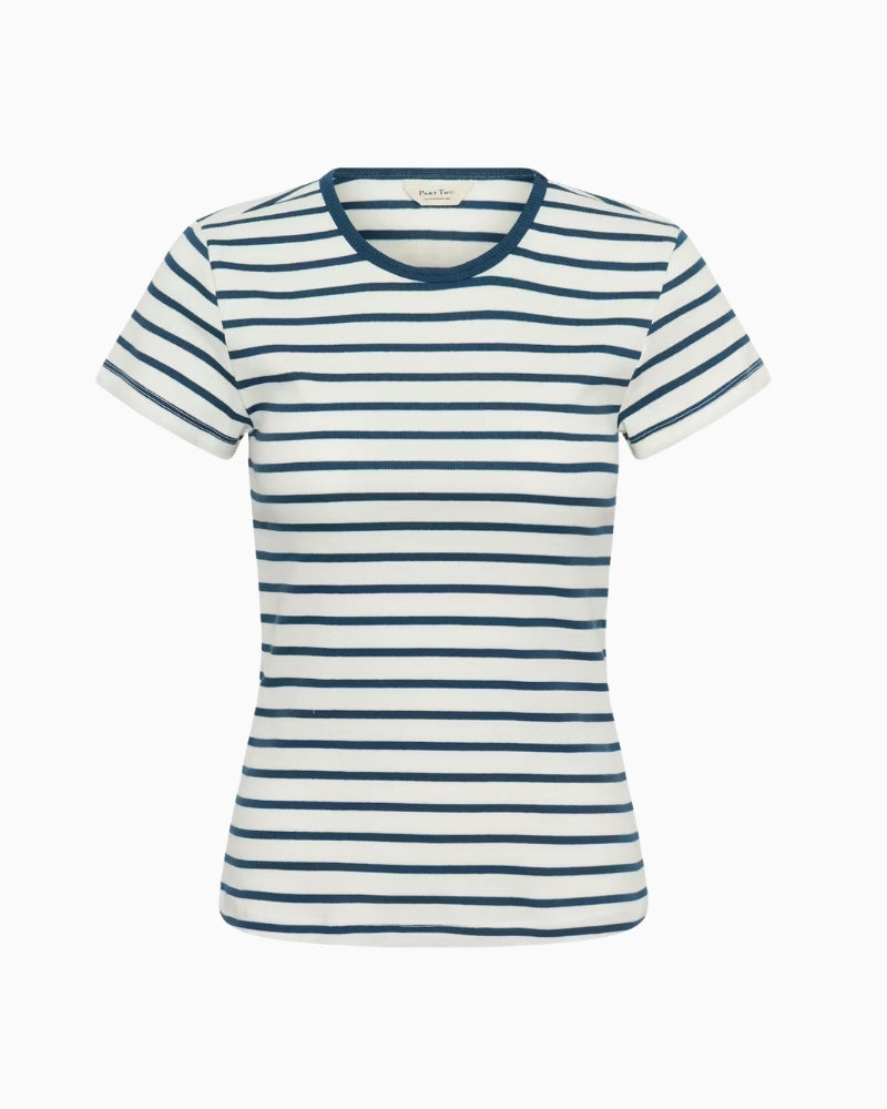 Part Two RochellePW T-Shirt in Cream and Blue Stripe front view