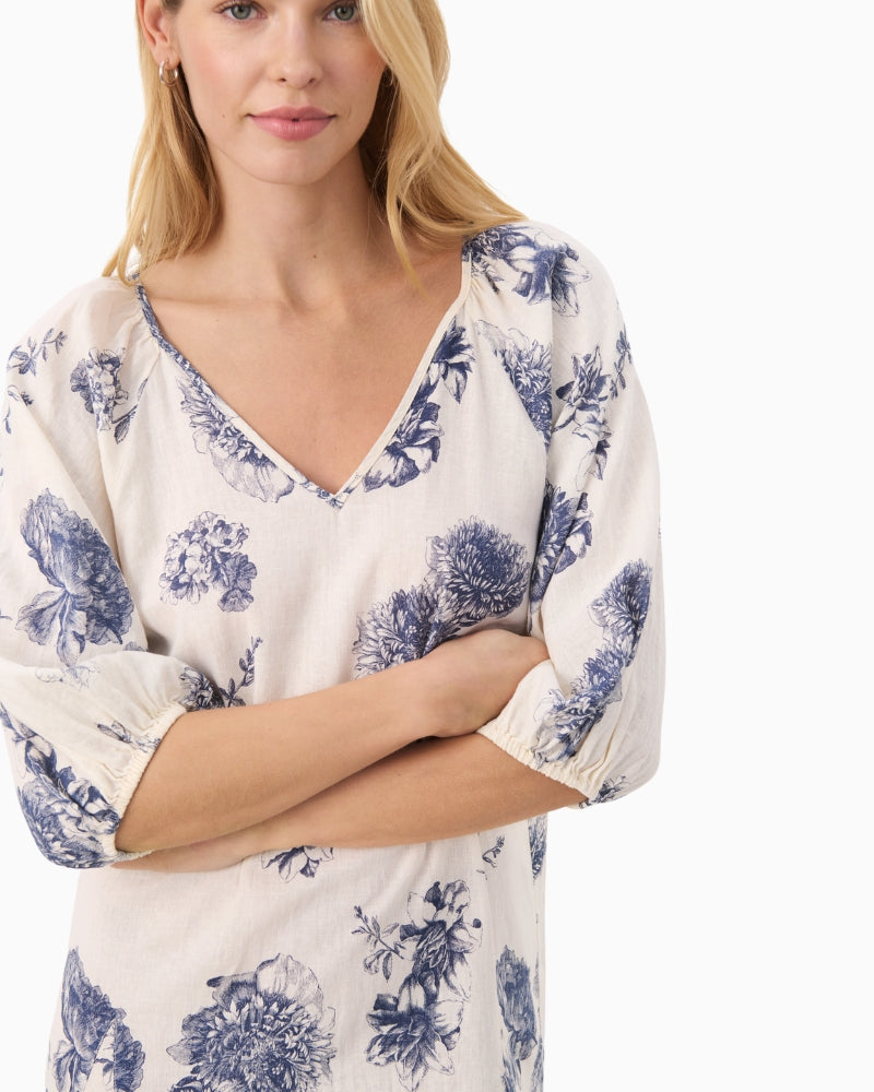 Close-up of neckline and vibrant flower print on Part Two linen blend summer dress