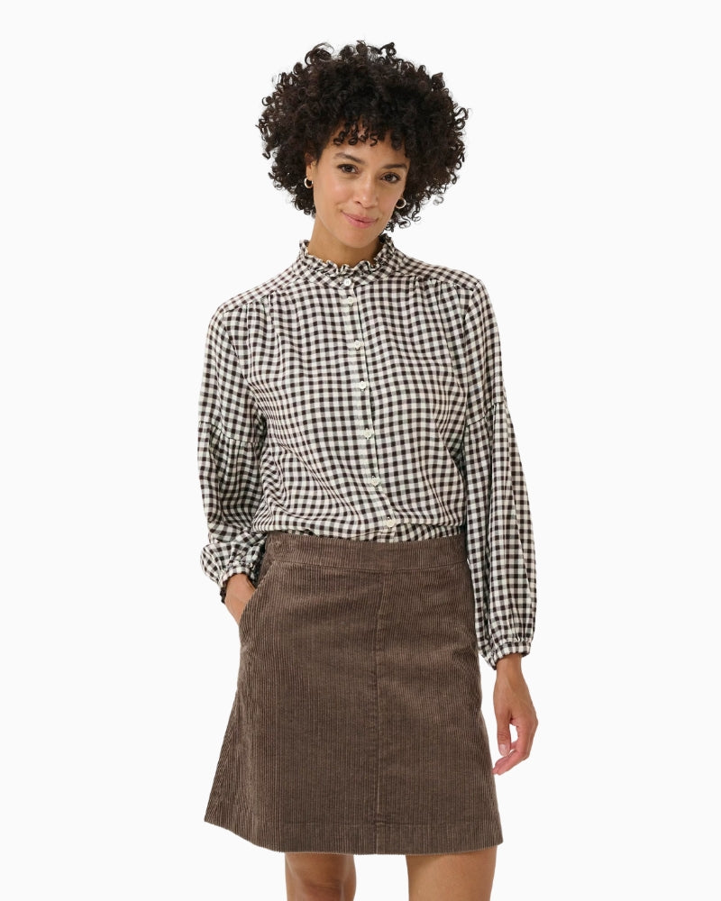 Part Two Samilla shirt in garnache mini check with balloon sleeves and ruffle trim collar