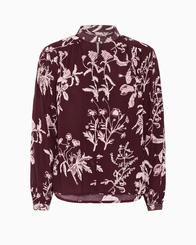 Part Two Shiroma blouse in tawny port botanical print, front view