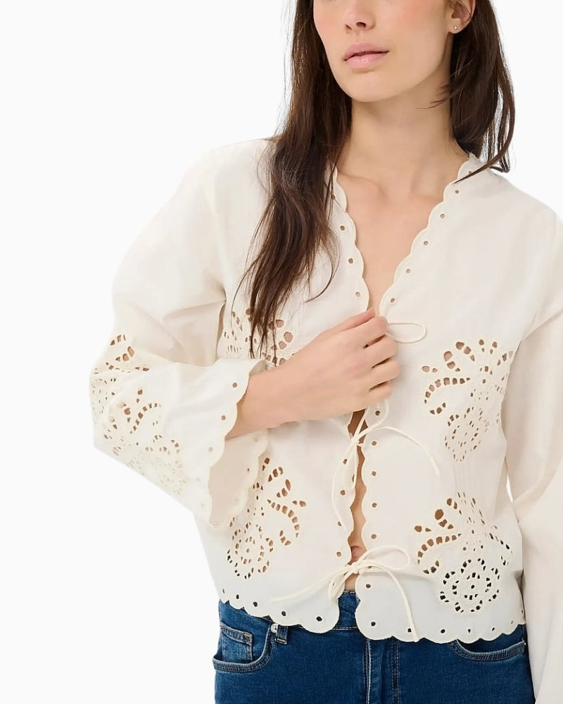 Part Two cream broderie anglaise blouse close-up cutwork detail