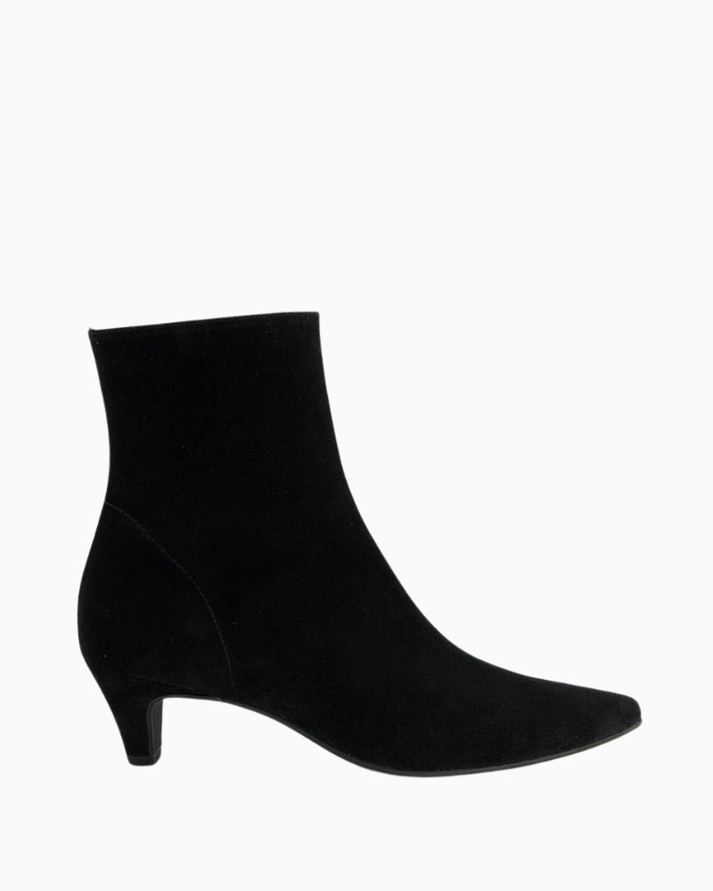 Black suede ankle boots by Paul Green with pointed toe, side zip, and medium Queenie heel