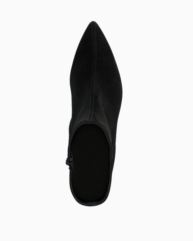 Upper view of black ankle boots showing suede finish and 5cm heel height