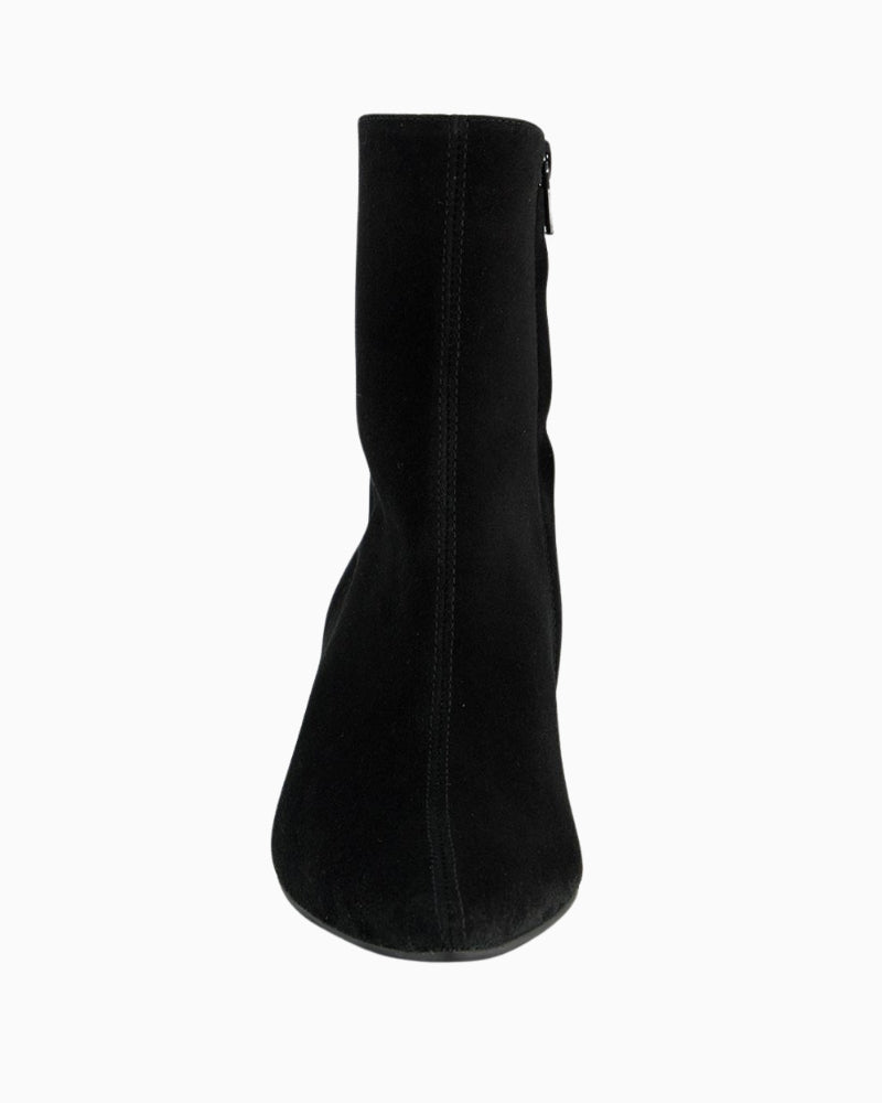 Front view of Black suede ankle boots by Paul Green with pointed toe, side zip, and medium Queenie heel