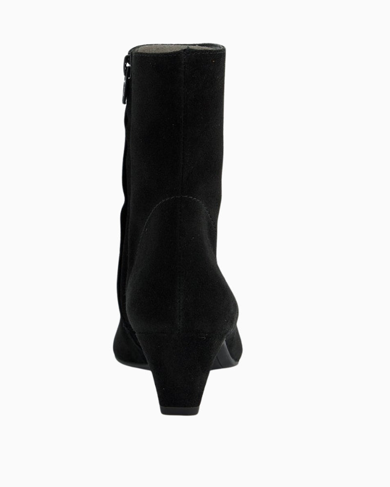 Back view of black ankle boots showing suede finish and 5cm heel height