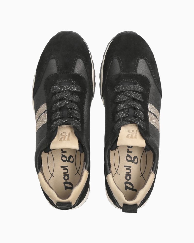 Upper view of Black Paul Green sneakers with glitter laces and gold detail