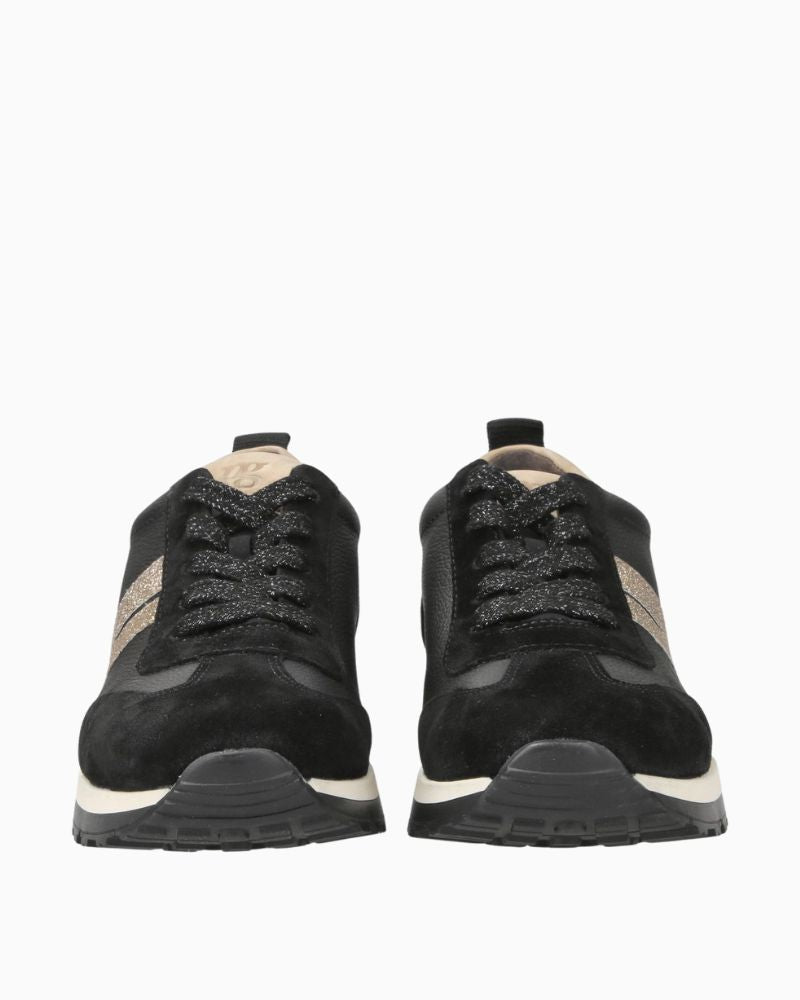 Front view of Black Paul Green sneakers with glitter laces and gold detail