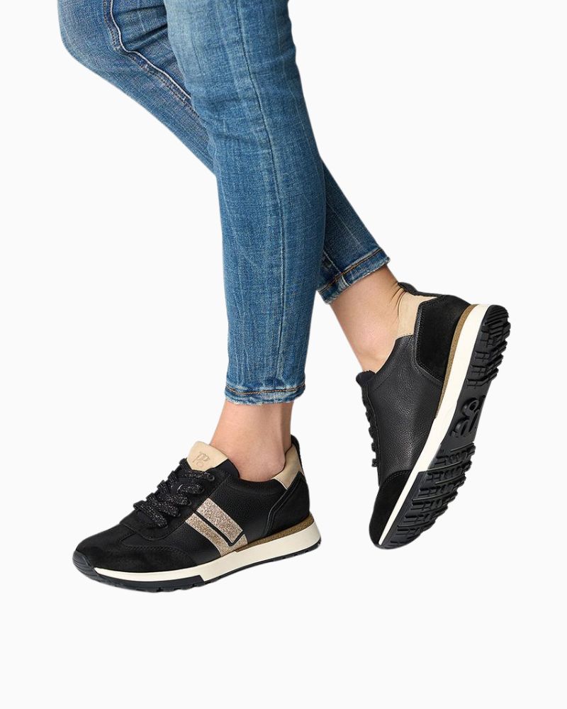 Side view of mixed leather trainers with removable insole and flat sole