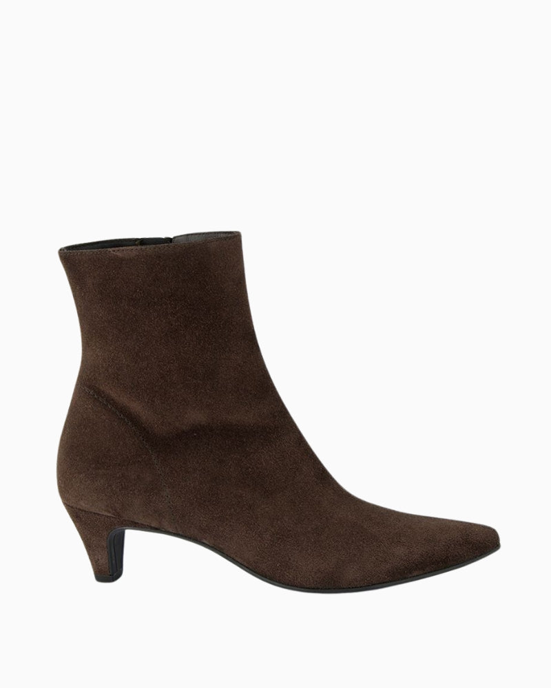 Brown suede ankle boots by Paul Green with tapered toe, side zip, and leather Queenie heel
