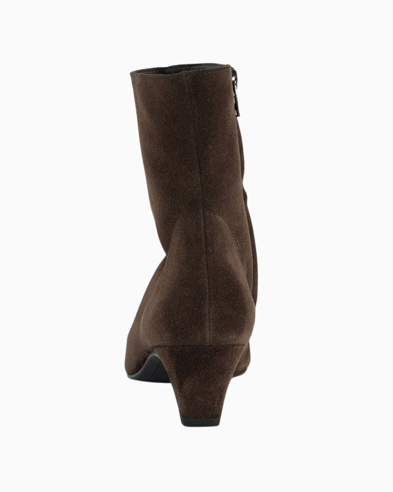 Back view of Paul Green brown boots showing mid-height shaft and soft suede finish