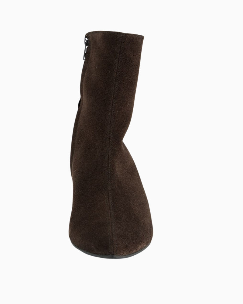 Brown suede ankle boots by Paul Green with tapered toe, side zip, and leather Queenie heel