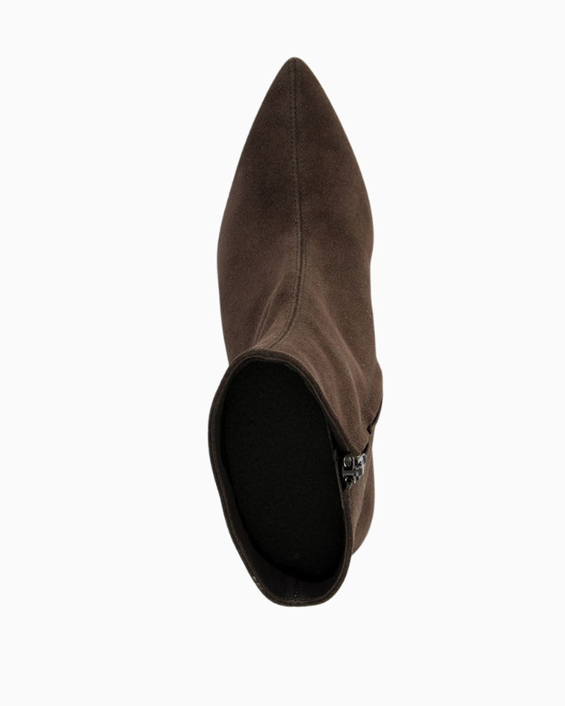 Upper view of Brown suede ankle boots by Paul Green with tapered toe, side zip, and leather Queenie heel