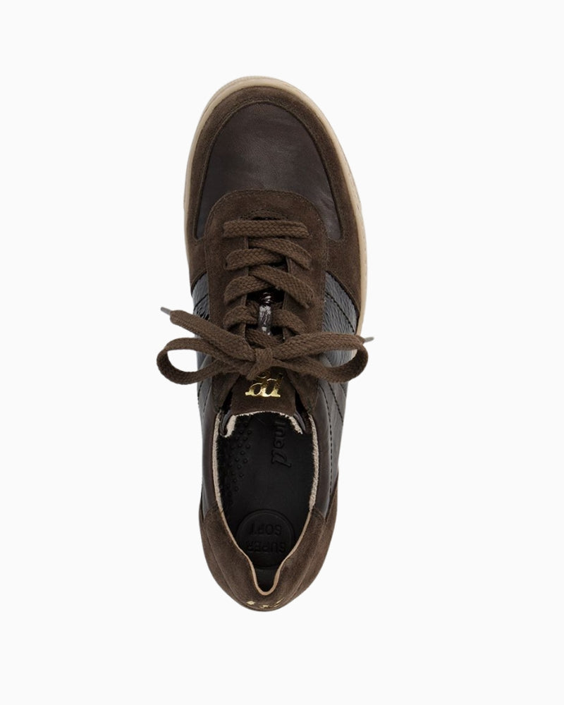 Top view of brown Paul Green platform sole sneakers