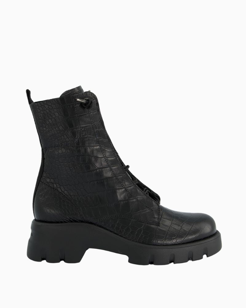 Paul Green black embossed leather ankle boots with hidden lace-up front