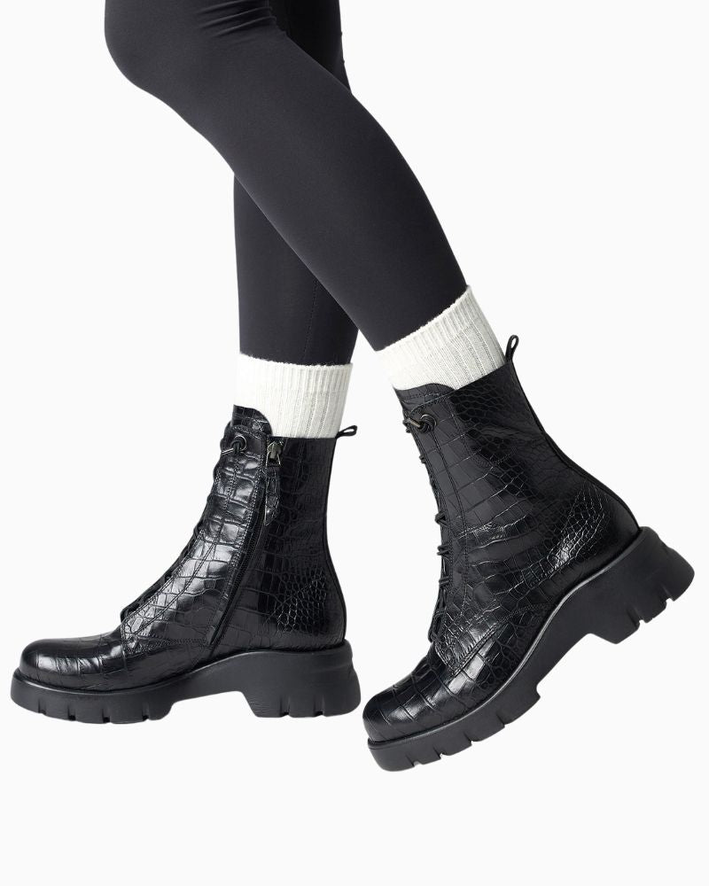 Paul Green black embossed leather ankle boots with hidden lace-up front