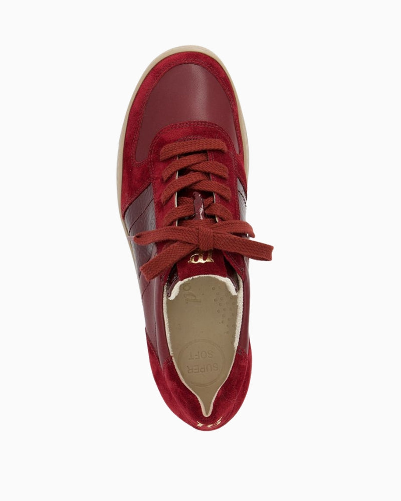 Top view of red Paul Green sneakers with decorative stitching