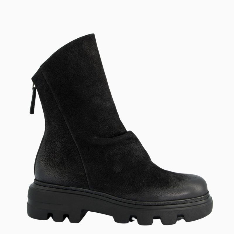 Black nubuck ankle boot by Paul Green with pleated leather detail and back zip