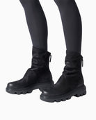 Black nubuck ankle boot by Paul Green with pleated leather detail and back zip