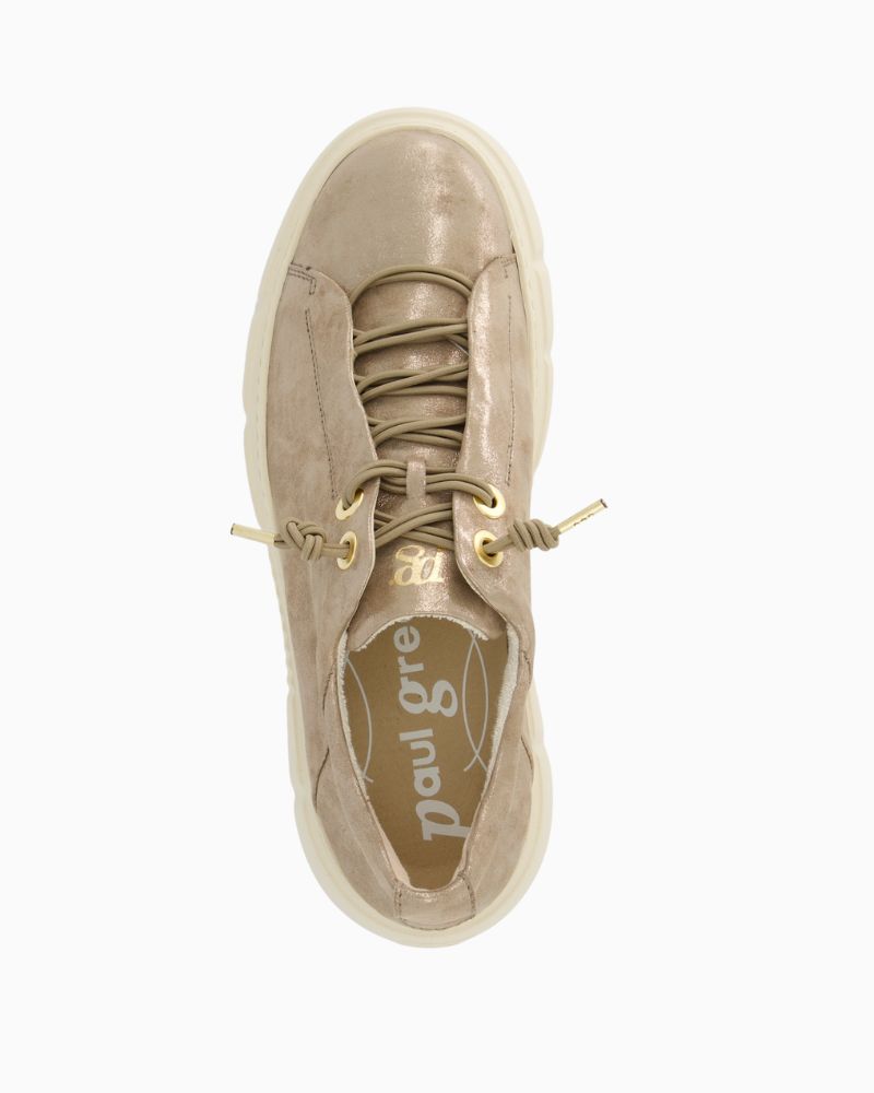 Upper view of Beige metallic trainers by Paul Green with elastic laces and removable insole