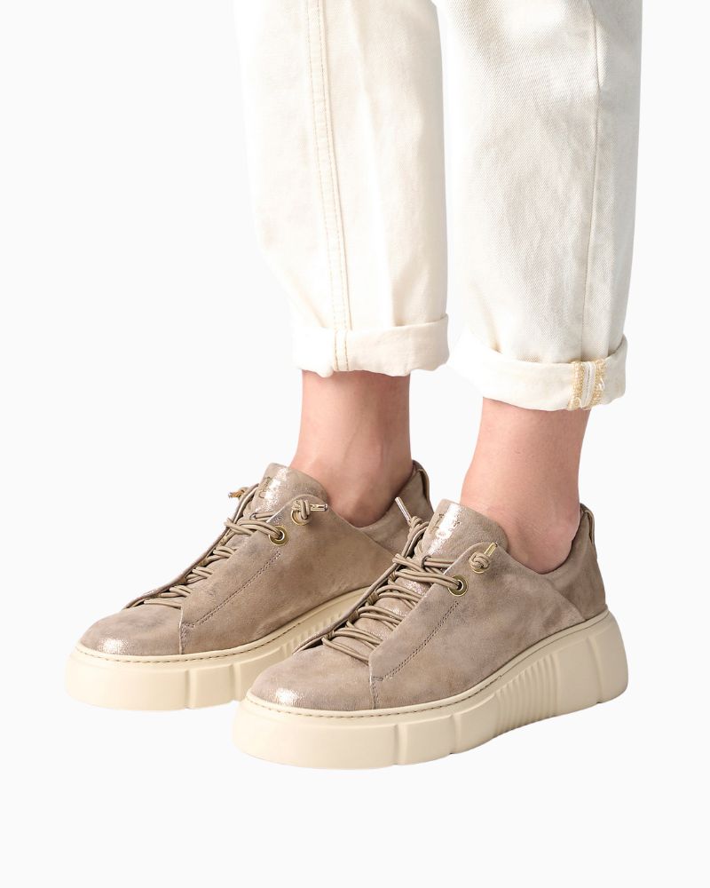 Beige metallic trainers by Paul Green with elastic laces and removable insole