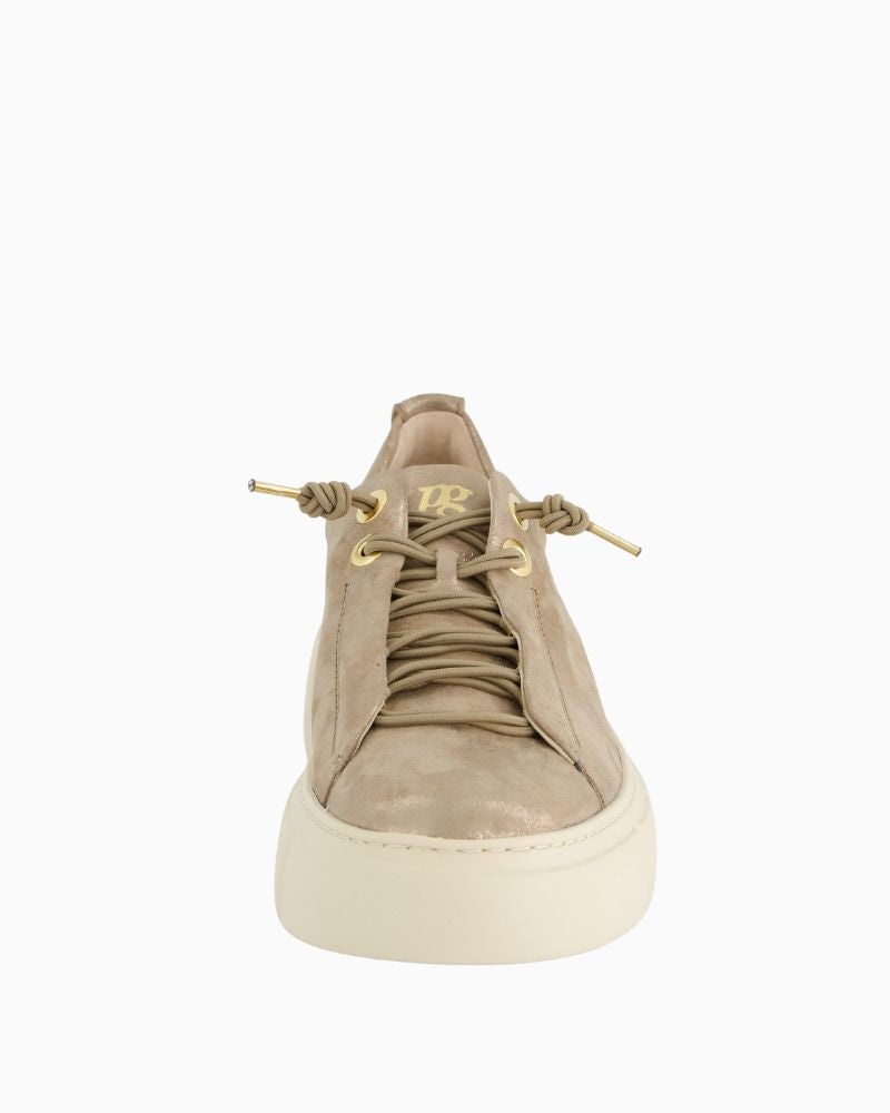 Front view of Beige metallic trainers by Paul Green with elastic laces and removable insole
