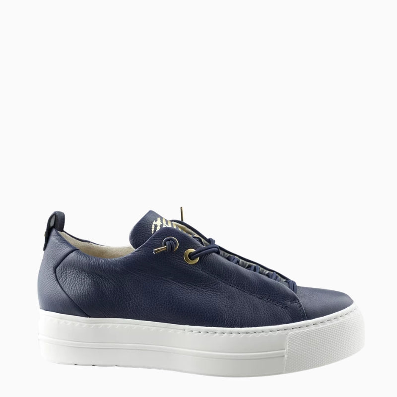 Side view of Paul Green Pauls navy leather trainers with white sole