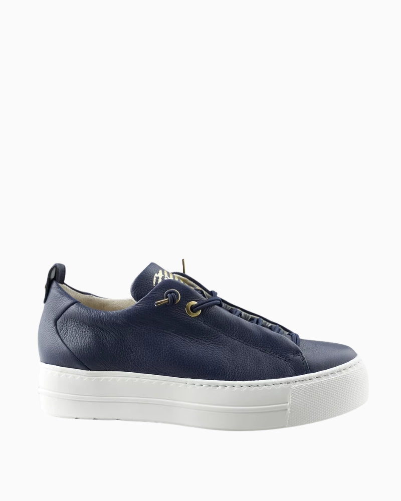 Side view of Paul Green Pauls navy leather trainers with white sole