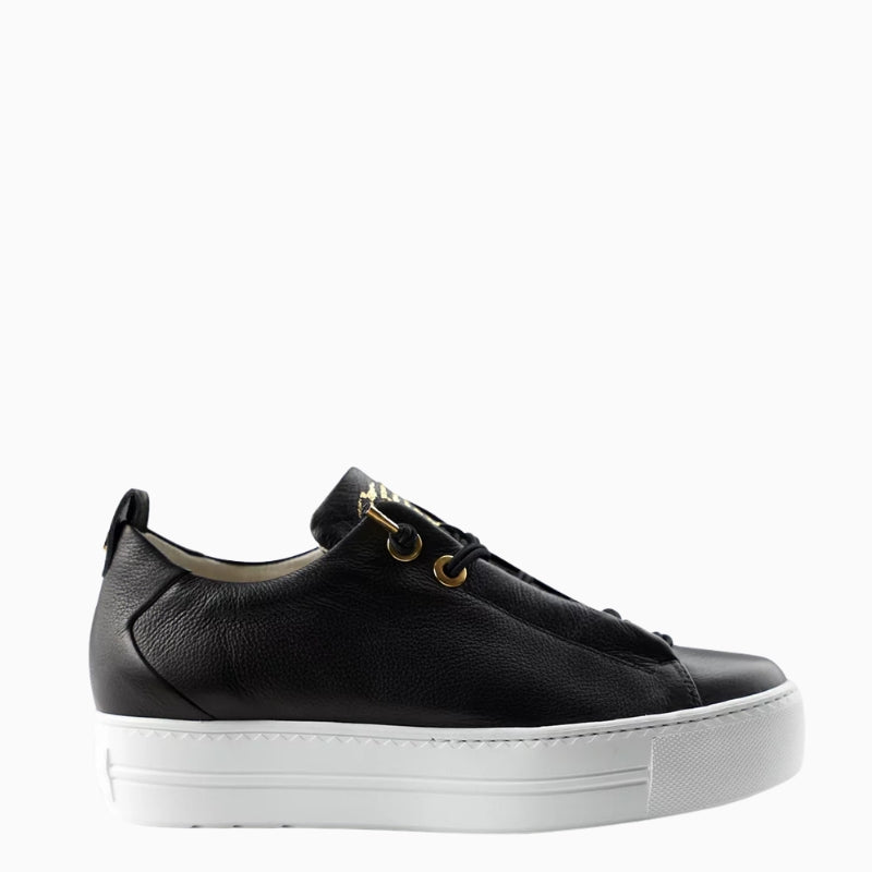 Side view of black Paul Green leather trainers with white sole