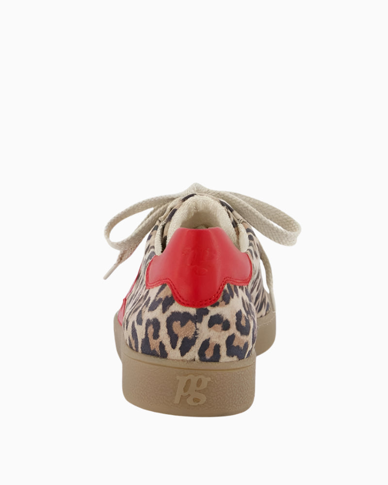 Back of Paul Green red sneakers with suede, leopard print detail and smooth leather panels