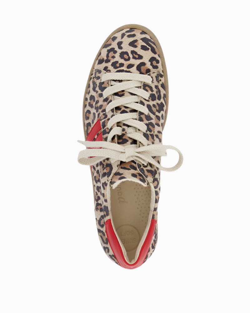 Upper of Paul Green red sneakers with suede, leopard print detail and smooth leather panels