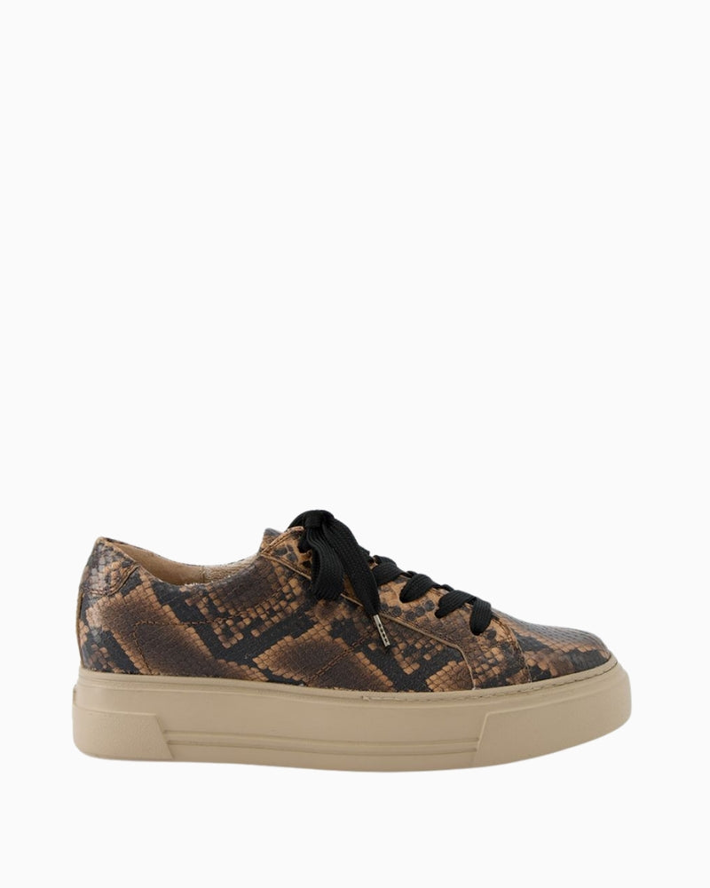 Brown leather sneakers by Paul Green with reptile embossing, lace-up style and platform sole