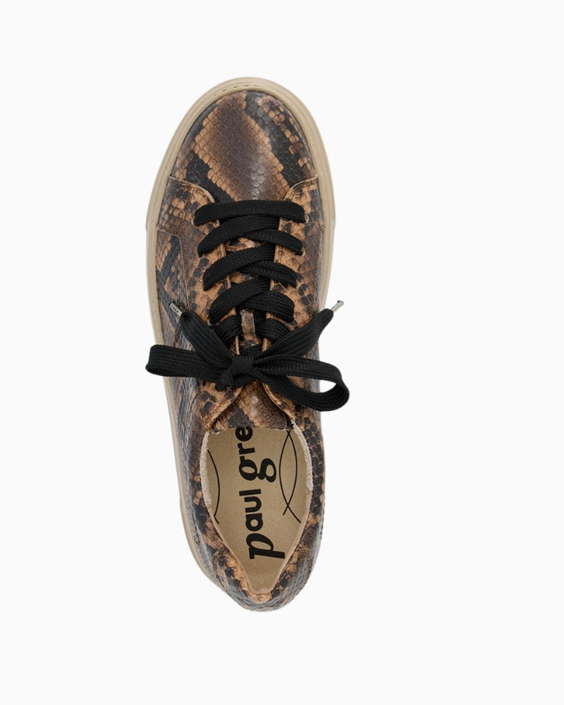 Upper view of Brown leather sneakers by Paul Green with reptile embossing, lace-up style and platform sole