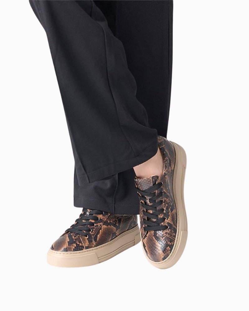 Brown leather sneakers by Paul Green with reptile embossing, lace-up style and platform sole