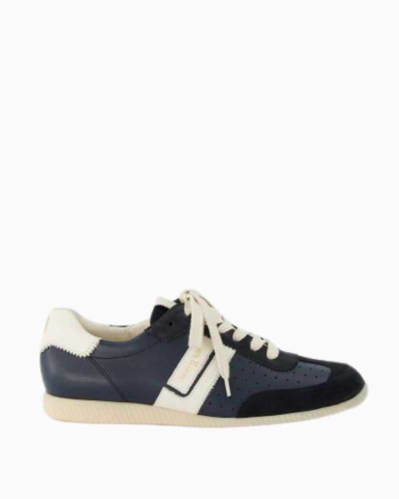 Navy blue suede and leather trainers by Paul Green with perforated sides and retro-inspired sole design