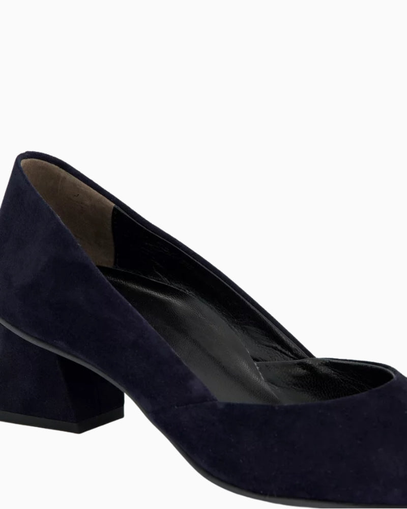 Close up of Paul Green black suede pumps with block heel and soft leather insole