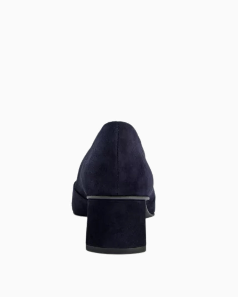 Back of Paul Green black suede pumps with block heel and soft leather insole