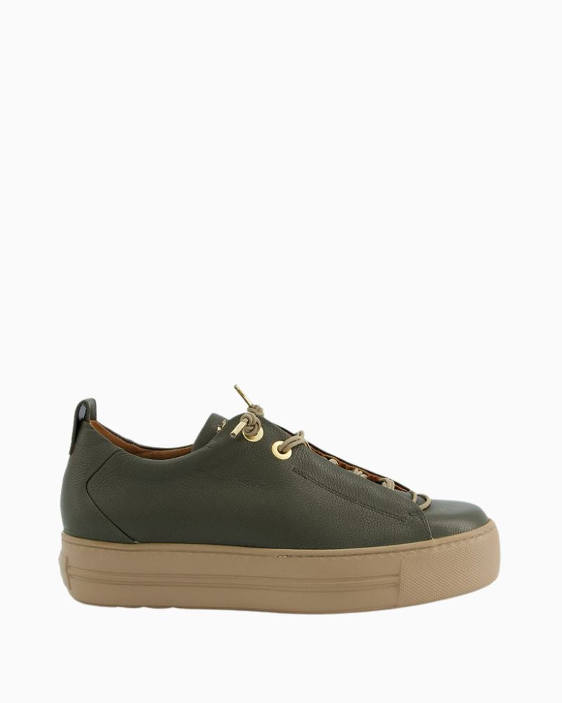 Green leather sneakers by Paul Green with elastic laces and platform sole