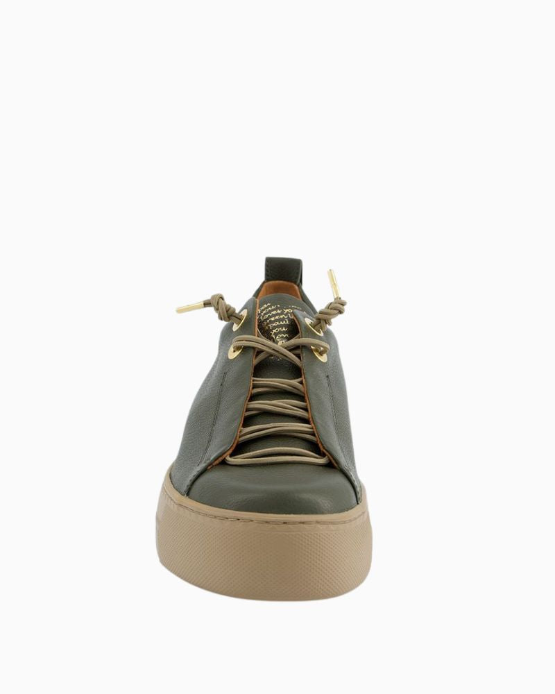 Front view of Green leather sneakers by Paul Green with elastic laces and platform sole