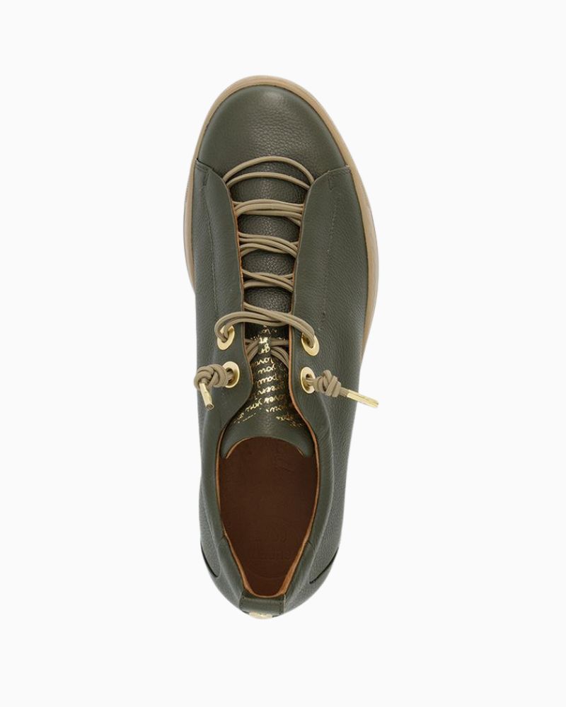 Upper view of Green leather sneakers by Paul Green with elastic laces and platform sole