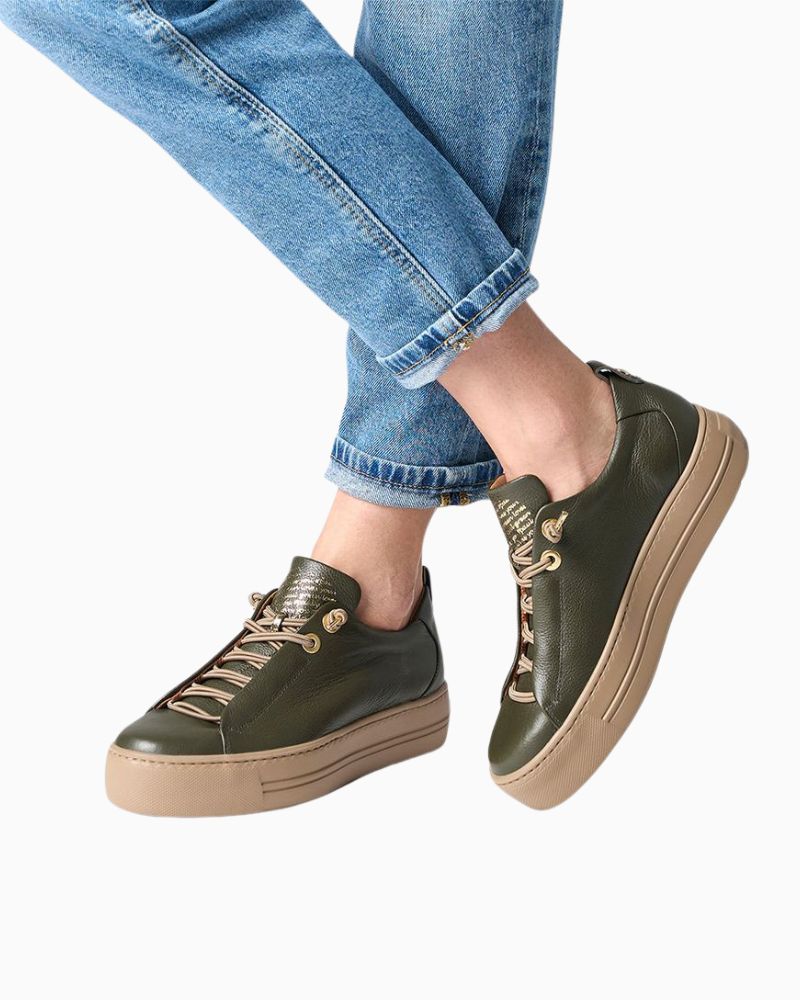 Side view of Paul Green SuperSoft trainers showing embossed logo and gold detail