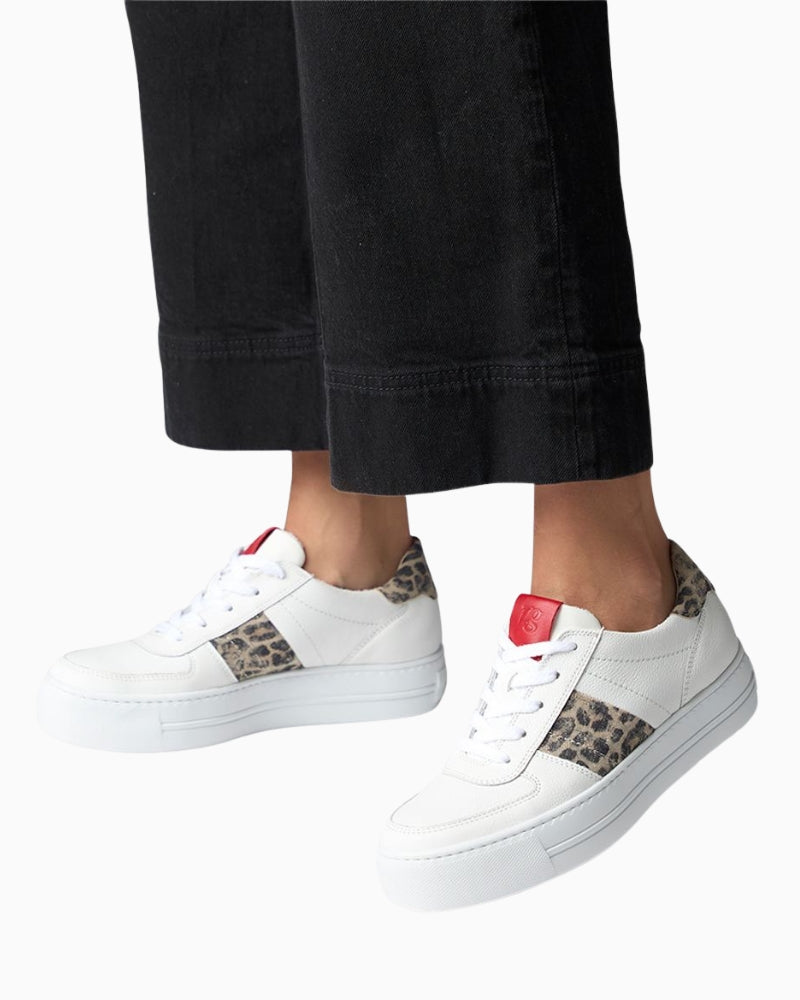 Paul Green white leather sneakers with leopard-print panel and gold accents